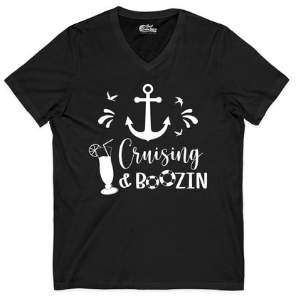 Cruise Drinking Shirt - Funny Nautical Booze Cruise Party Apparel (V-Neck) in Black - Cruising and Boozin Nautical Party Shirt with Anchor and Cocktail Art
