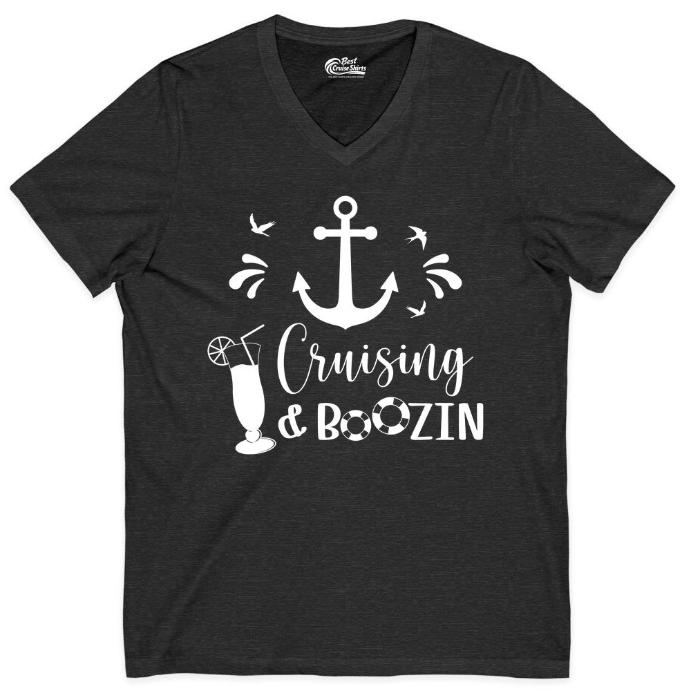 Cruise Drinking Shirt - Funny Nautical Booze Cruise Party Apparel (V-Neck) in Dark Grey Heather - Cruising and Boozin Nautical Party Shirt with Anchor and Cocktail Art