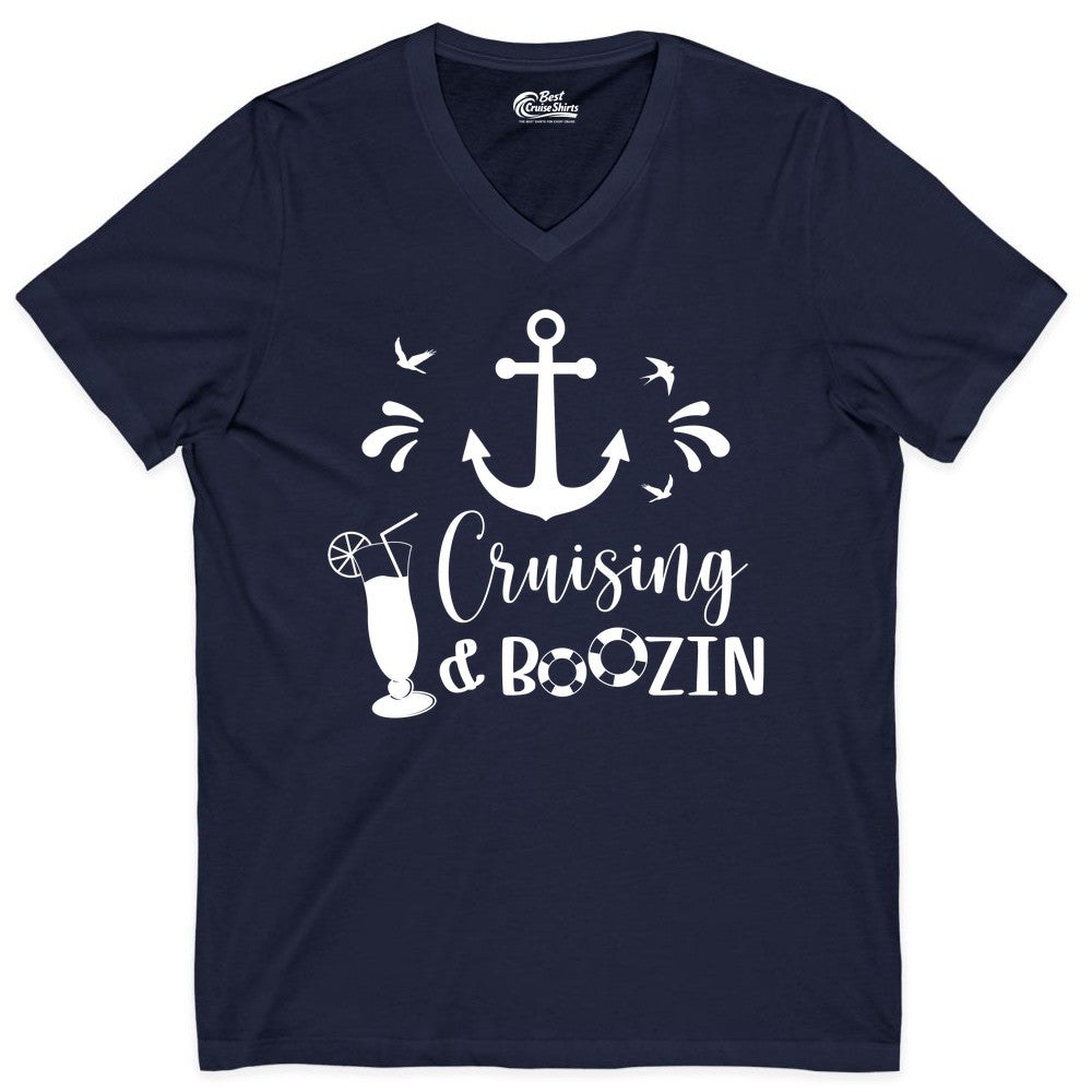Cruise Drinking Shirt - Funny Nautical Booze Cruise Party Apparel (V-Neck) in Navy - Cruising and Boozin Nautical Party Shirt with Anchor and Cocktail Art
