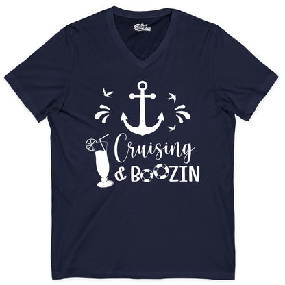 Cruise Drinking Shirt - Funny Nautical Booze Cruise Party Apparel (V-Neck) in Navy - Cruising and Boozin Nautical Party Shirt with Anchor and Cocktail Art