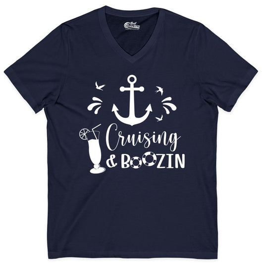 Cruise Drinking Shirt - Funny Nautical Booze Cruise Party Apparel (V-Neck) in Navy - Cruising and Boozin Nautical Party Shirt with Anchor and Cocktail Art