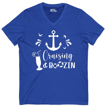 Cruise Drinking Shirt - Funny Nautical Booze Cruise Party Apparel (V-Neck) in True Royal - Cruising and Boozin Nautical Party Shirt with Anchor and Cocktail Art