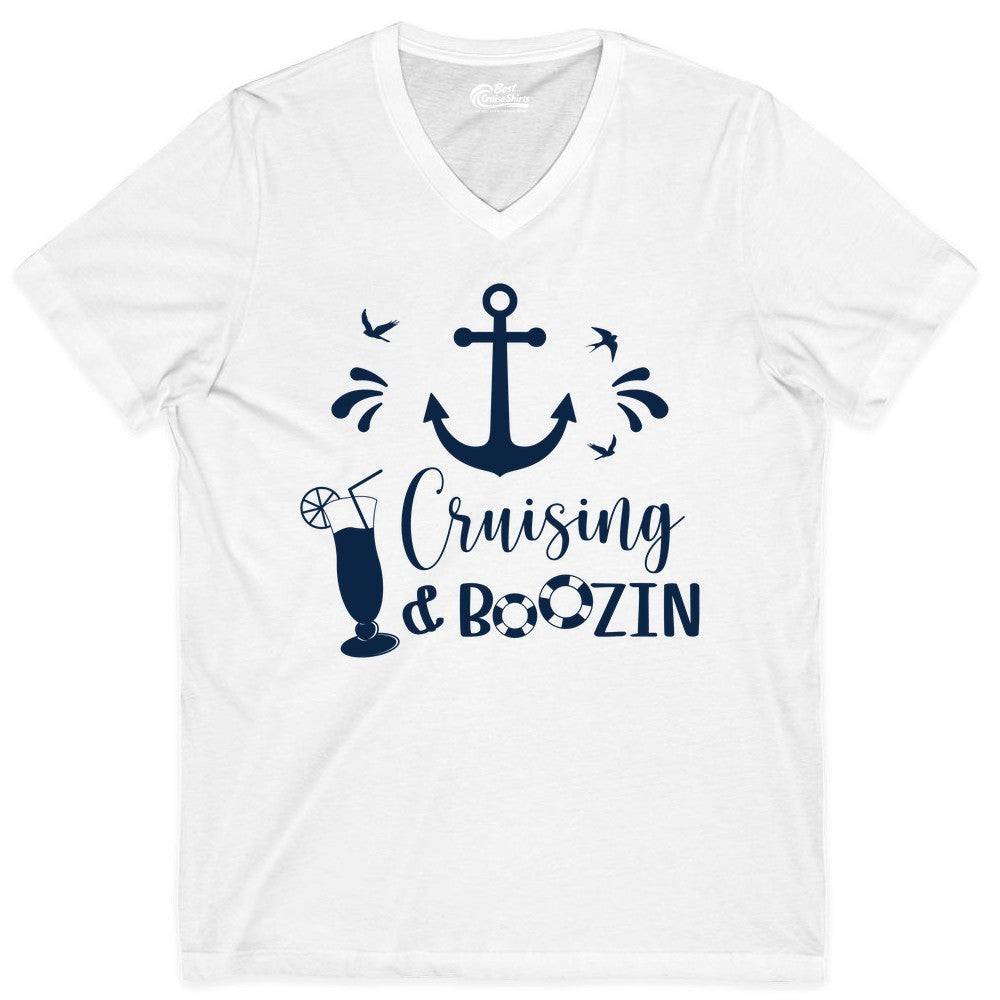 Cruise Drinking Shirt - Funny Nautical Booze Cruise Party Apparel (V-Neck) in White - Cruising and Boozin Nautical Party Shirt with Anchor and Cocktail Art