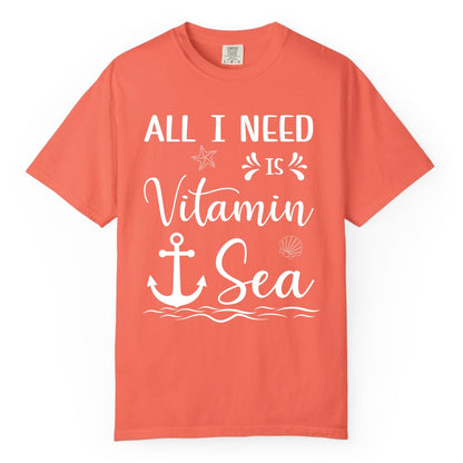 Vitamin Sea Shirt - Nautical Beach Pun Tee for Summer Vacation (Comfort Color) in Bright Salmon - All I Need Is Vitamin Sea Nautical Beach Pun Shirt with Anchor Art