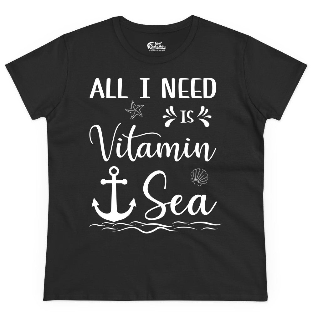 Vitamin Sea Shirt - Nautical Beach Pun Tee for Summer Vacation (Ladies Tee) in Black - All I Need Is Vitamin Sea Nautical Beach Pun Shirt with Anchor Art