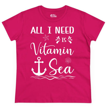 Vitamin Sea Shirt - Nautical Beach Pun Tee for Summer Vacation (Ladies Tee) in Heliconia - All I Need Is Vitamin Sea Nautical Beach Pun Shirt with Anchor Art