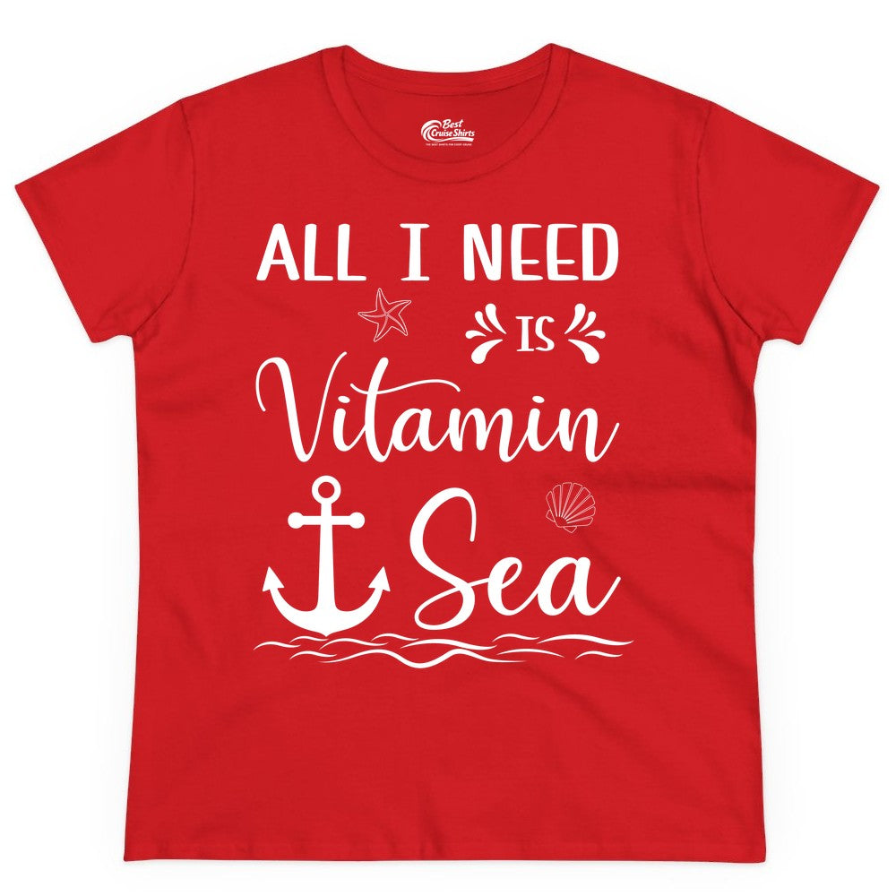 Vitamin Sea Shirt - Nautical Beach Pun Tee for Summer Vacation (Ladies Tee) in Red - All I Need Is Vitamin Sea Nautical Beach Pun Shirt with Anchor Art