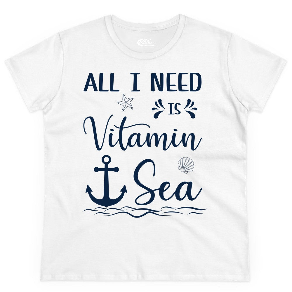 Vitamin Sea Shirt - Nautical Beach Pun Tee for Summer Vacation (Ladies Tee) in White - All I Need Is Vitamin Sea Nautical Beach Pun Shirt with Anchor Art