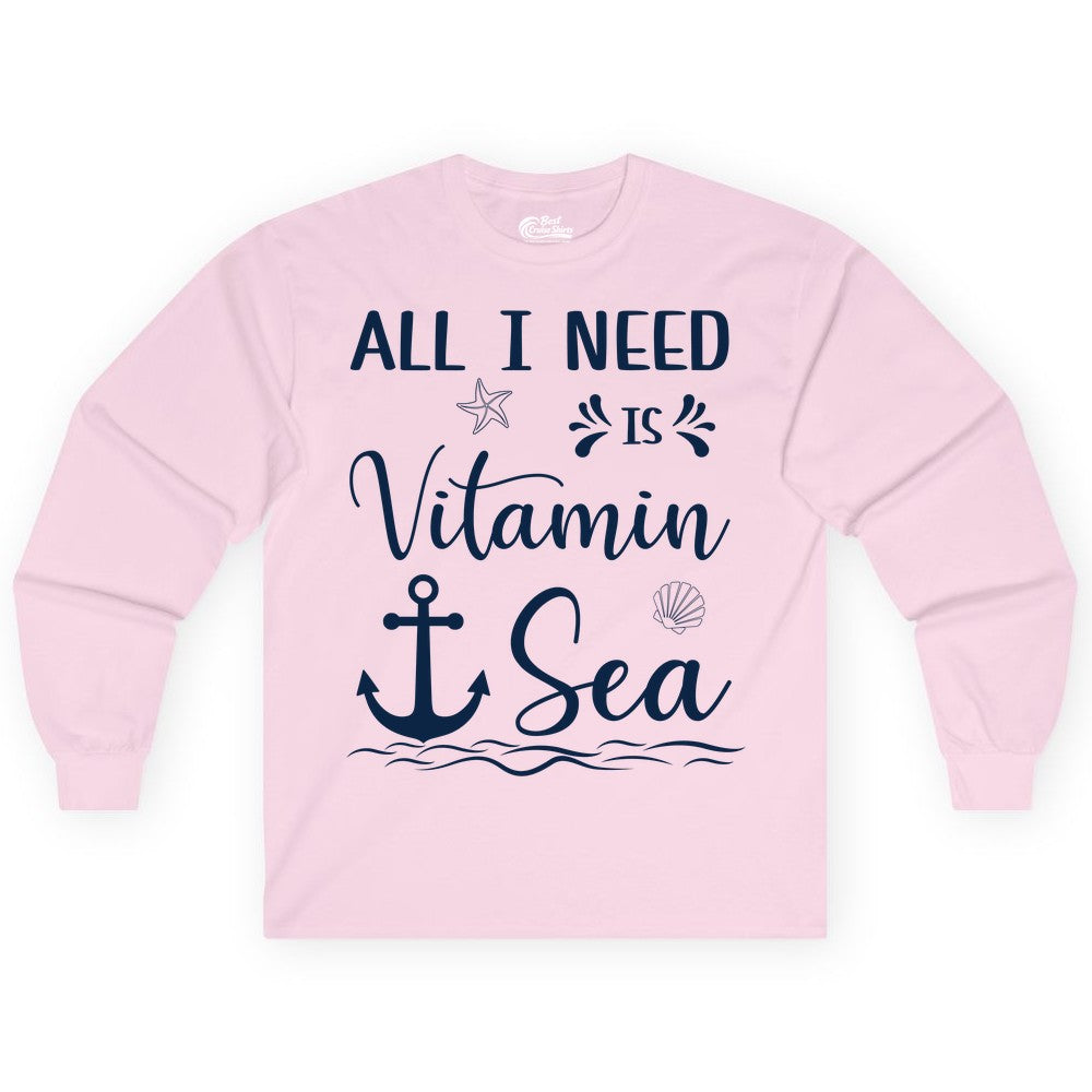 Vitamin Sea Shirt - Nautical Beach Pun Tee for Summer Vacation (Long Sleeve) in Light Pink - All I Need Is Vitamin Sea Nautical Beach Pun Shirt with Anchor Art