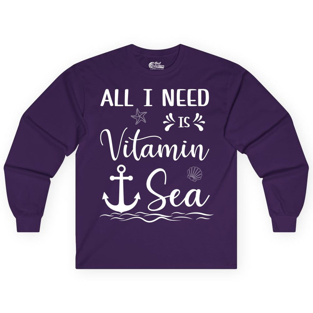 Vitamin Sea Shirt - Nautical Beach Pun Tee for Summer Vacation (Long Sleeve) in Purple - All I Need Is Vitamin Sea Nautical Beach Pun Shirt with Anchor Art