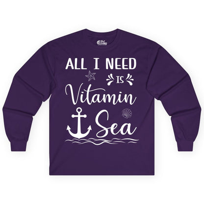 Vitamin Sea Shirt - Nautical Beach Pun Tee for Summer Vacation (Long Sleeve) in Purple - All I Need Is Vitamin Sea Nautical Beach Pun Shirt with Anchor Art