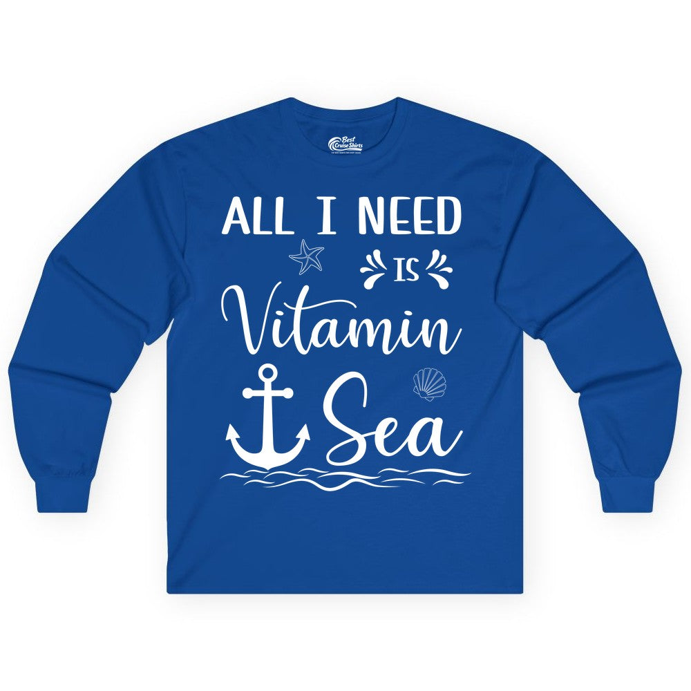Vitamin Sea Shirt - Nautical Beach Pun Tee for Summer Vacation (Long Sleeve) in Royal - All I Need Is Vitamin Sea Nautical Beach Pun Shirt with Anchor Art