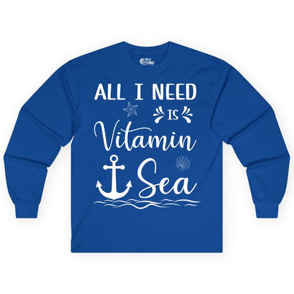 Vitamin Sea Shirt - Nautical Beach Pun Tee for Summer Vacation (Long Sleeve) in Royal - All I Need Is Vitamin Sea Nautical Beach Pun Shirt with Anchor Art