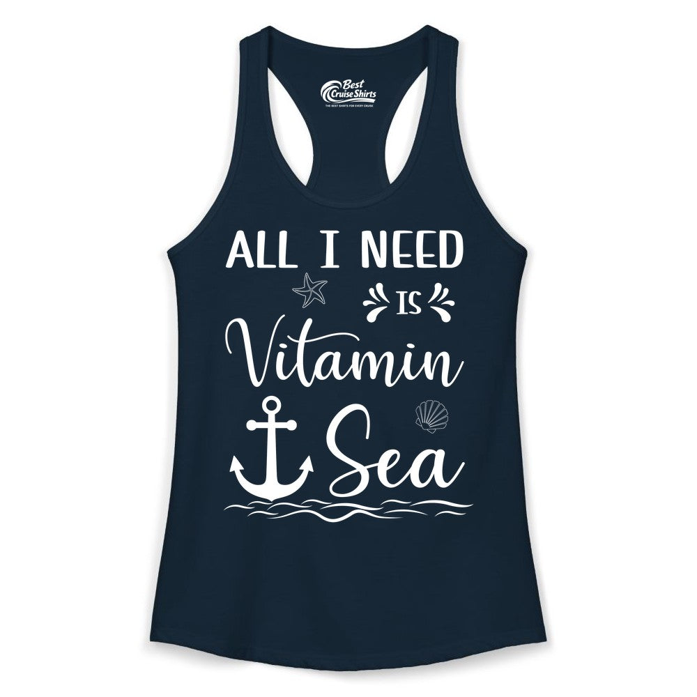 Vitamin Sea Shirt - Nautical Beach Pun Tee for Summer Vacation (Ladies Tank) in Solid Midnight Navy - All I Need Is Vitamin Sea Nautical Beach Pun Shirt with Anchor Art