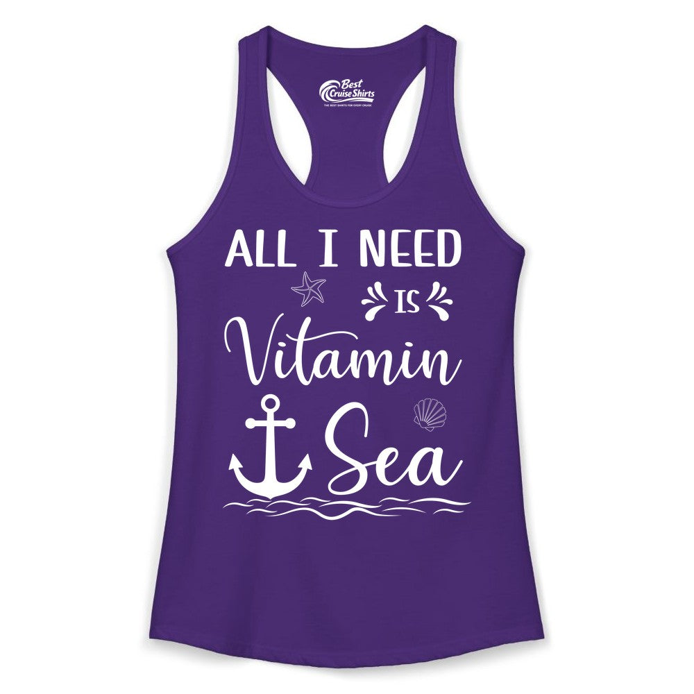 Vitamin Sea Shirt - Nautical Beach Pun Tee for Summer Vacation (Ladies Tank) in Solid Purple Rush - All I Need Is Vitamin Sea Nautical Beach Pun Shirt with Anchor Art