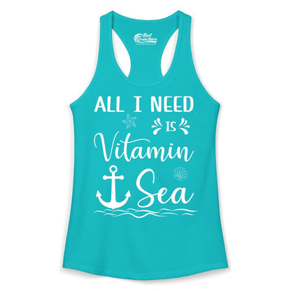 Vitamin Sea Shirt - Nautical Beach Pun Tee for Summer Vacation (Ladies Tank) in Tahiti Blue - All I Need Is Vitamin Sea Nautical Beach Pun Shirt with Anchor Art