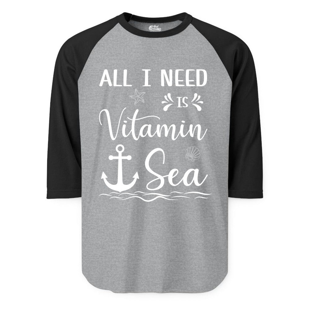 Vitamin Sea Shirt - Nautical Beach Pun Tee for Summer Vacation (Raglan) in Heather GreyBlack - All I Need Is Vitamin Sea Nautical Beach Pun Shirt with Anchor Art