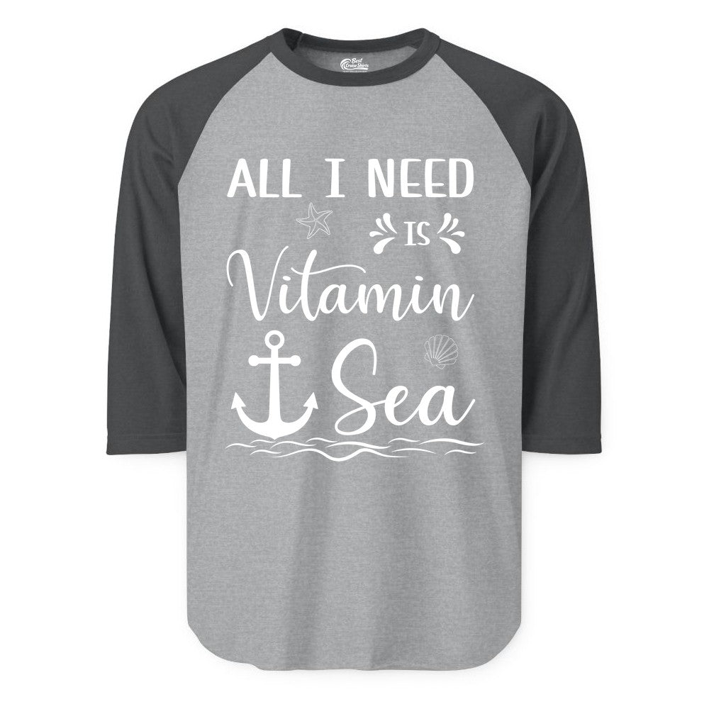 Vitamin Sea Shirt - Nautical Beach Pun Tee for Summer Vacation (Raglan) in Heather GreyHeather Charcoal - All I Need Is Vitamin Sea Nautical Beach Pun Shirt with Anchor Art