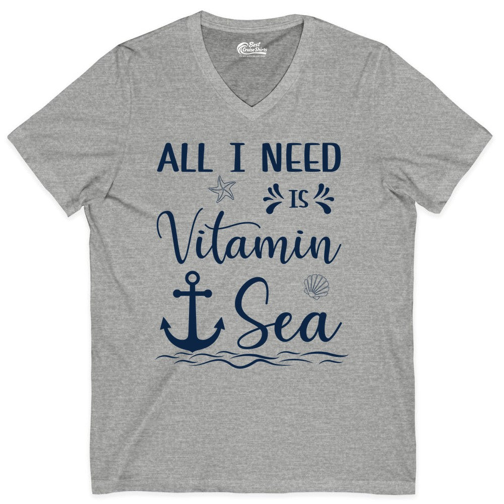 Vitamin Sea Shirt - Nautical Beach Pun Tee for Summer Vacation (V-Neck) in Athletic Heather - All I Need Is Vitamin Sea Nautical Beach Pun Shirt with Anchor Art