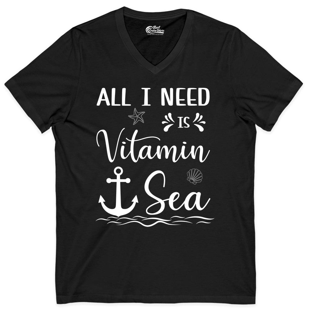 Vitamin Sea Shirt - Nautical Beach Pun Tee for Summer Vacation (V-Neck) in Black - All I Need Is Vitamin Sea Nautical Beach Pun Shirt with Anchor Art