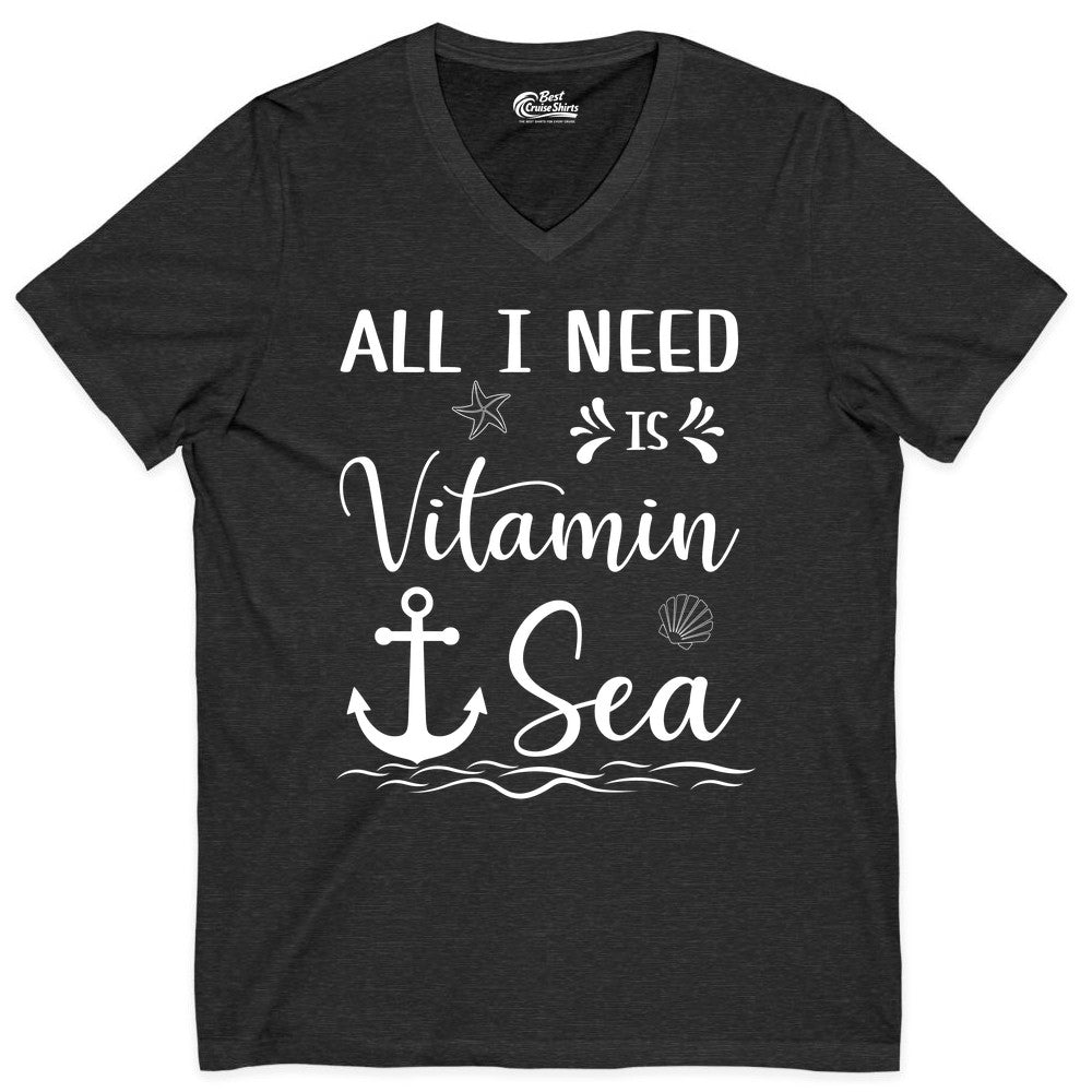 Vitamin Sea Shirt - Nautical Beach Pun Tee for Summer Vacation (V-Neck) in Dark Grey Heather - All I Need Is Vitamin Sea Nautical Beach Pun Shirt with Anchor Art