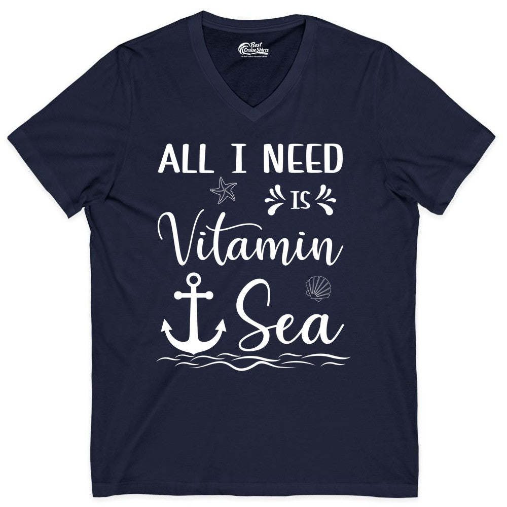 Vitamin Sea Shirt - Nautical Beach Pun Tee for Summer Vacation (V-Neck) in Navy - All I Need Is Vitamin Sea Nautical Beach Pun Shirt with Anchor Art