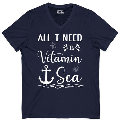 Vitamin Sea Shirt - Nautical Beach Pun Tee for Summer Vacation (V-Neck) in Navy - All I Need Is Vitamin Sea Nautical Beach Pun Shirt with Anchor Art