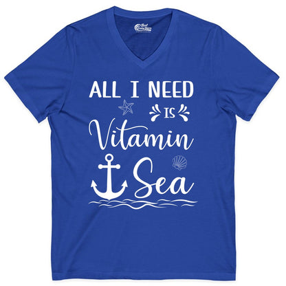 Vitamin Sea Shirt - Nautical Beach Pun Tee for Summer Vacation (V-Neck) in True Royal - All I Need Is Vitamin Sea Nautical Beach Pun Shirt with Anchor Art