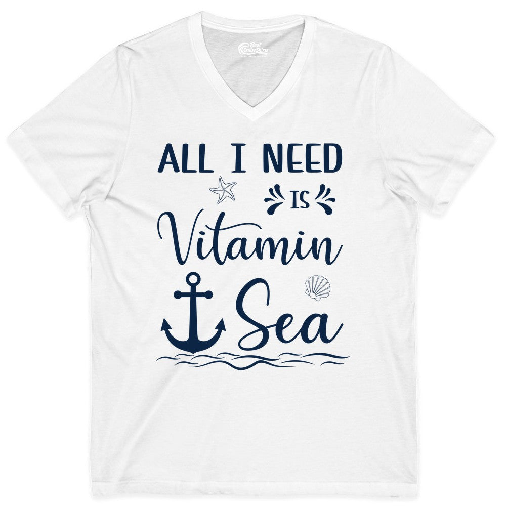Vitamin Sea Shirt - Nautical Beach Pun Tee for Summer Vacation (V-Neck) in White - All I Need Is Vitamin Sea Nautical Beach Pun Shirt with Anchor Art