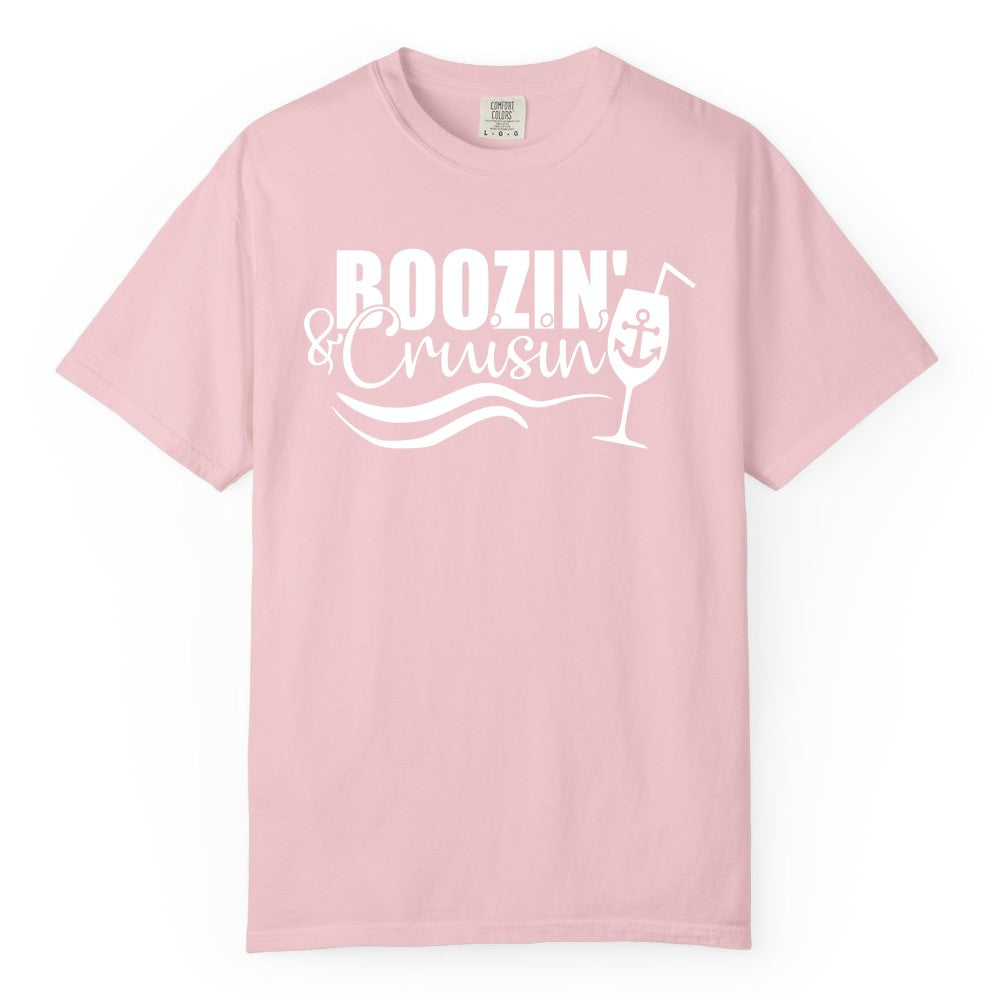 Boozin and Cruisin Shirt - Funny Cruise Drinking Shirt for Adults (Comfort Color) in Blossom - Boozin and Cruisin Shirt - Nautical Cruise Drinking Humor Tee Design