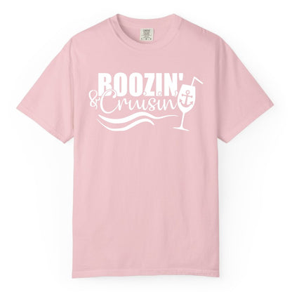 Boozin and Cruisin Shirt - Funny Cruise Drinking Shirt for Adults (Comfort Color) in Blossom - Boozin and Cruisin Shirt - Nautical Cruise Drinking Humor Tee Design