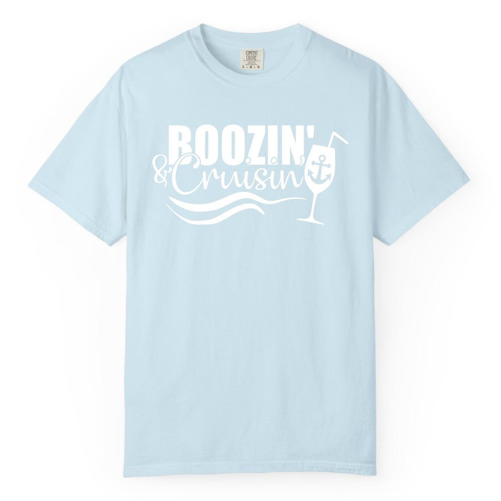 Boozin and Cruisin Shirt - Funny Cruise Drinking Shirt for Adults (Comfort Color) in Chambray - Boozin and Cruisin Shirt - Nautical Cruise Drinking Humor Tee Design
