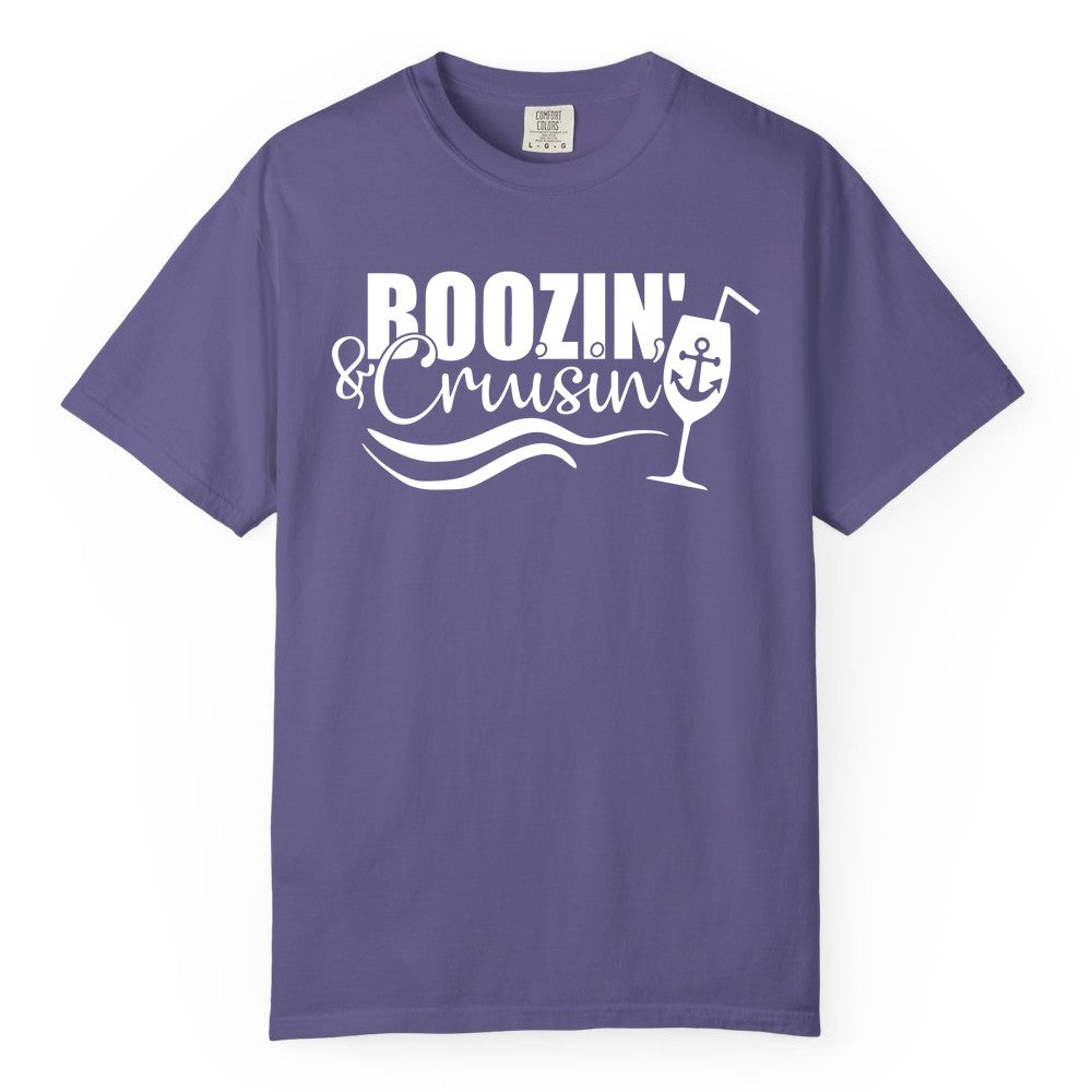 Boozin and Cruisin Shirt - Funny Cruise Drinking Shirt for Adults (Comfort Color) in Grape - Boozin and Cruisin Shirt - Nautical Cruise Drinking Humor Tee Design
