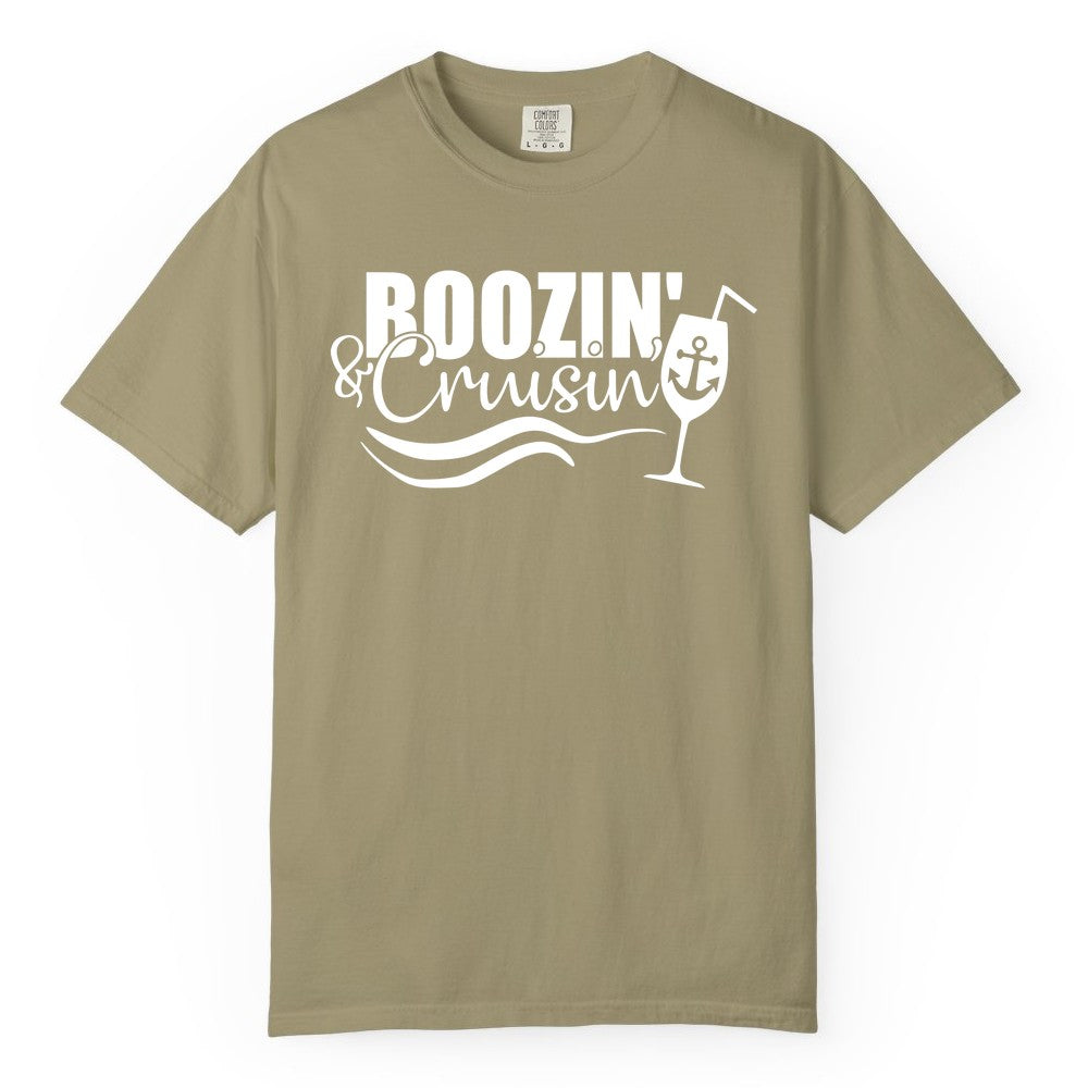 Boozin and Cruisin Shirt - Funny Cruise Drinking Shirt for Adults (Comfort Color) in Khaki - Boozin and Cruisin Shirt - Nautical Cruise Drinking Humor Tee Design