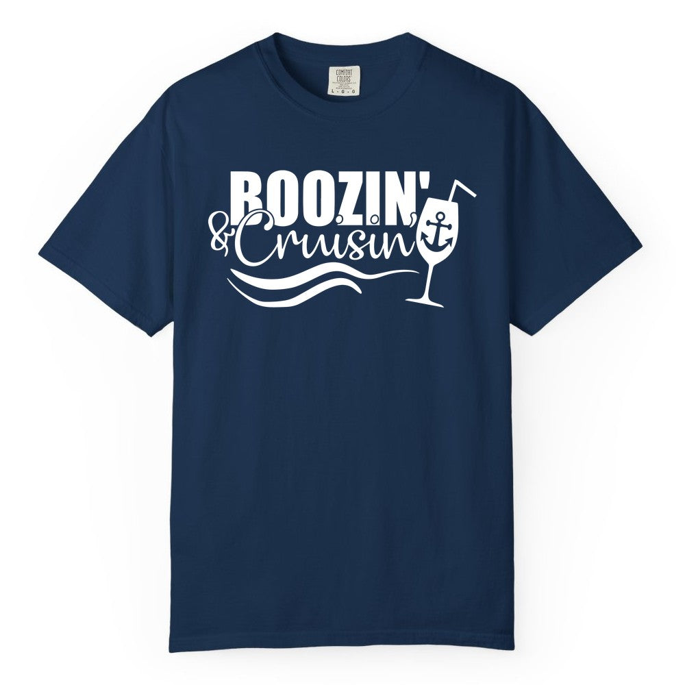 Boozin and Cruisin Shirt - Funny Cruise Drinking Shirt for Adults (Comfort Color) in Navy - Boozin and Cruisin Shirt - Nautical Cruise Drinking Humor Tee Design