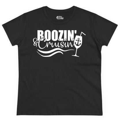 Boozin and Cruisin Shirt - Funny Cruise Drinking Shirt for Adults (Ladies Tee) in Black - Boozin and Cruisin Shirt - Nautical Cruise Drinking Humor Tee Design