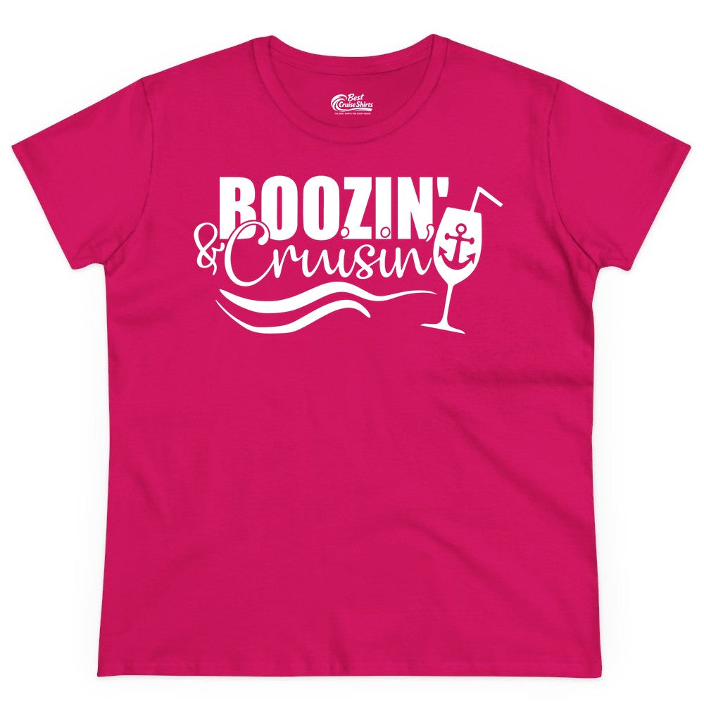 Boozin and Cruisin Shirt - Funny Cruise Drinking Shirt for Adults (Ladies Tee) in Heliconia - Boozin and Cruisin Shirt - Nautical Cruise Drinking Humor Tee Design