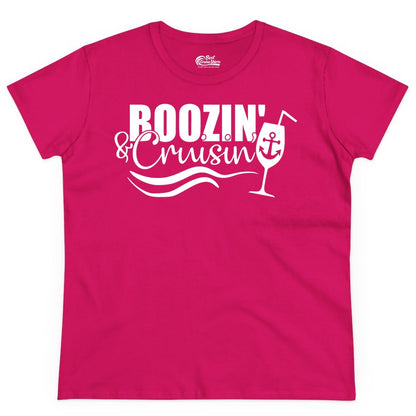 Boozin and Cruisin Shirt - Funny Cruise Drinking Shirt for Adults (Ladies Tee) in Heliconia - Boozin and Cruisin Shirt - Nautical Cruise Drinking Humor Tee Design
