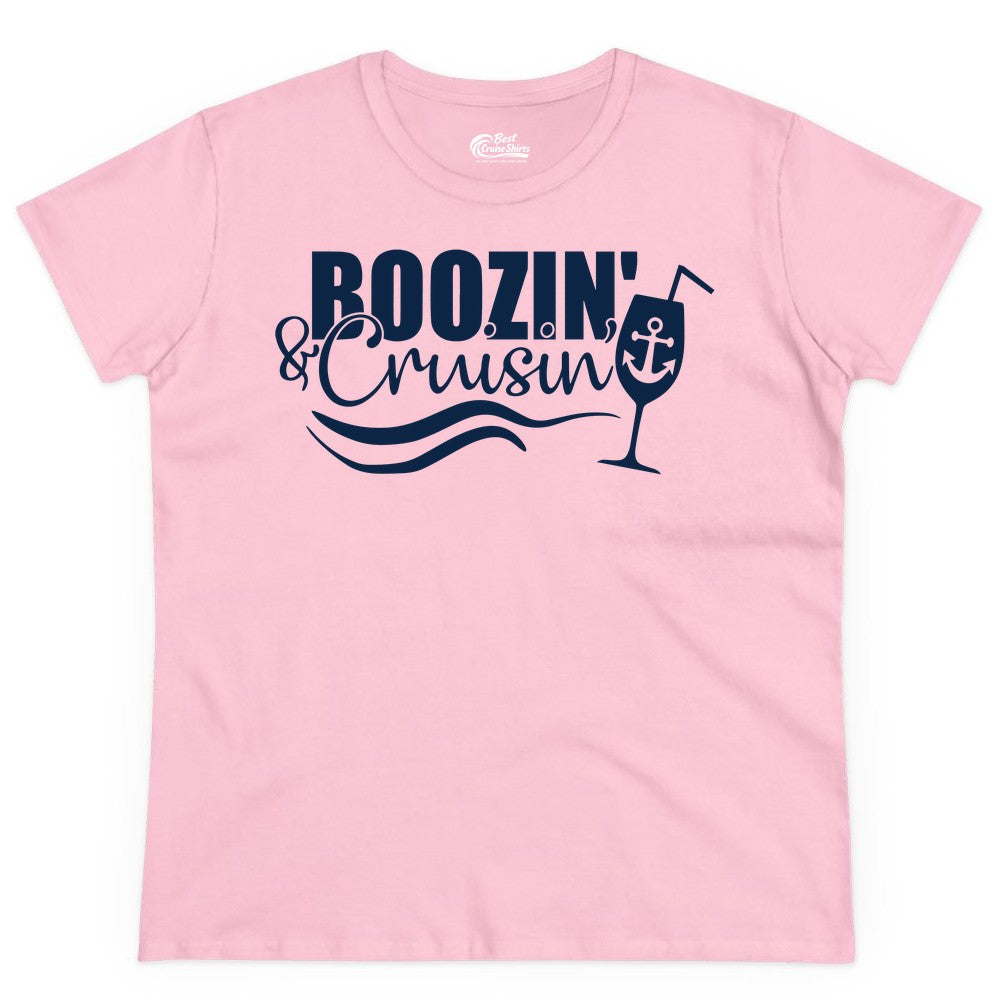 Boozin and Cruisin Shirt - Funny Cruise Drinking Shirt for Adults (Ladies Tee) in Light Pink - Boozin and Cruisin Shirt - Nautical Cruise Drinking Humor Tee Design