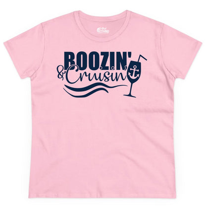 Boozin and Cruisin Shirt - Funny Cruise Drinking Shirt for Adults (Ladies Tee) in Light Pink - Boozin and Cruisin Shirt - Nautical Cruise Drinking Humor Tee Design