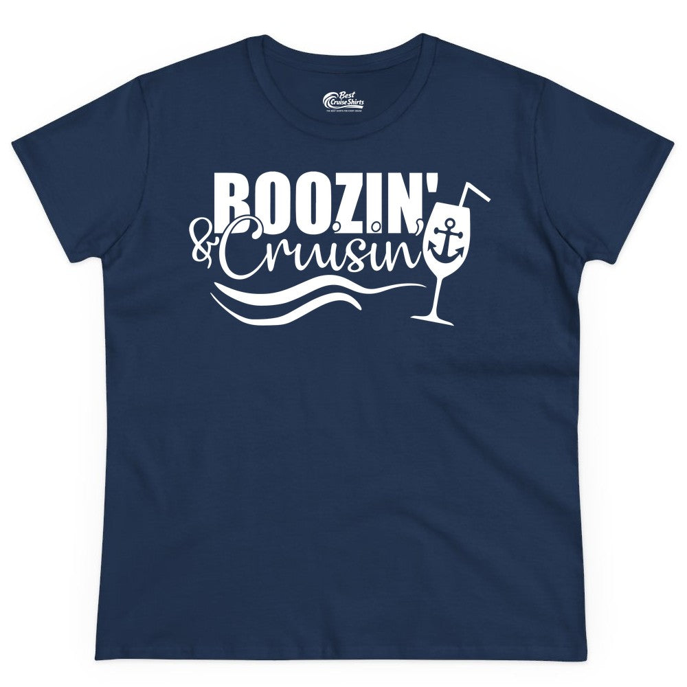 Boozin and Cruisin Shirt - Funny Cruise Drinking Shirt for Adults (Ladies Tee) in Navy - Boozin and Cruisin Shirt - Nautical Cruise Drinking Humor Tee Design
