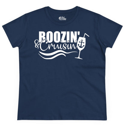 Boozin and Cruisin Shirt - Funny Cruise Drinking Shirt for Adults (Ladies Tee) in Navy - Boozin and Cruisin Shirt - Nautical Cruise Drinking Humor Tee Design