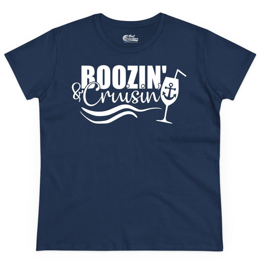 Boozin and Cruisin Shirt - Funny Cruise Drinking Shirt for Adults (Ladies Tee) in Navy - Boozin and Cruisin Shirt - Nautical Cruise Drinking Humor Tee Design
