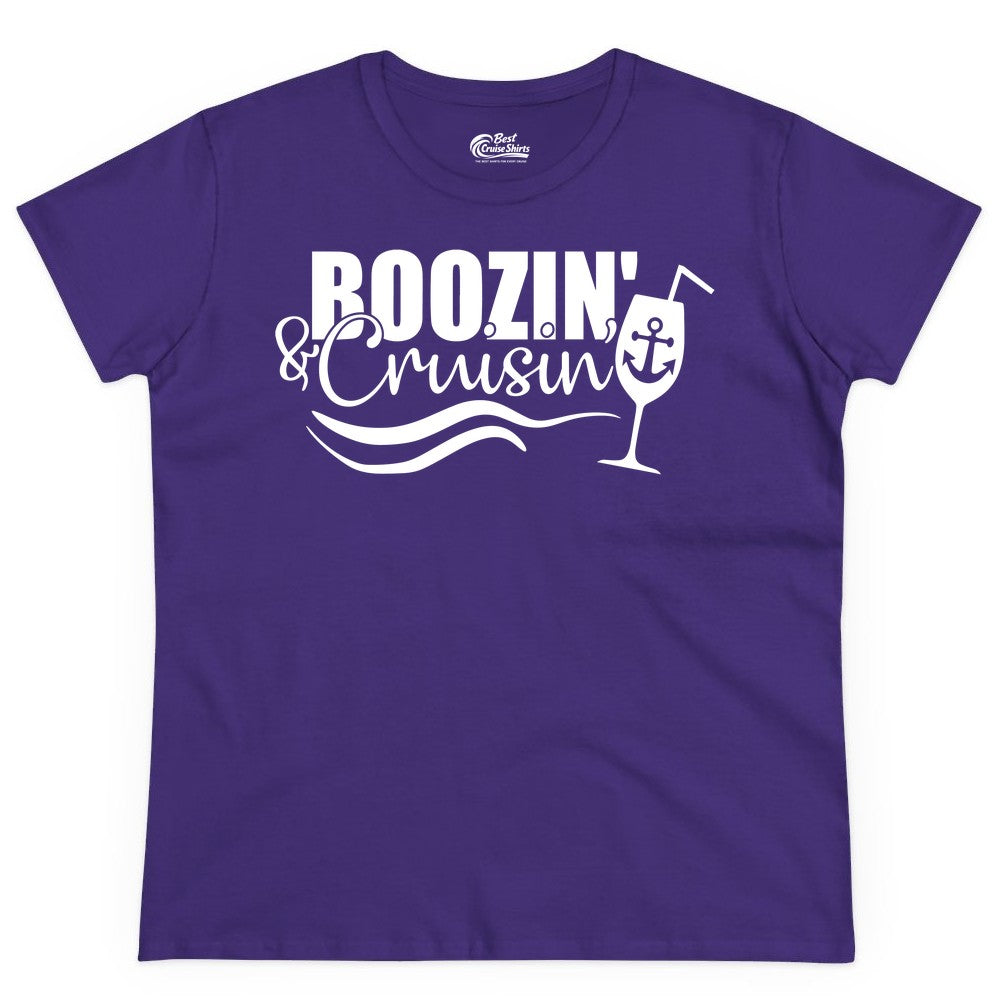 Boozin and Cruisin Shirt - Funny Cruise Drinking Shirt for Adults (Ladies Tee) in Purple - Boozin and Cruisin Shirt - Nautical Cruise Drinking Humor Tee Design