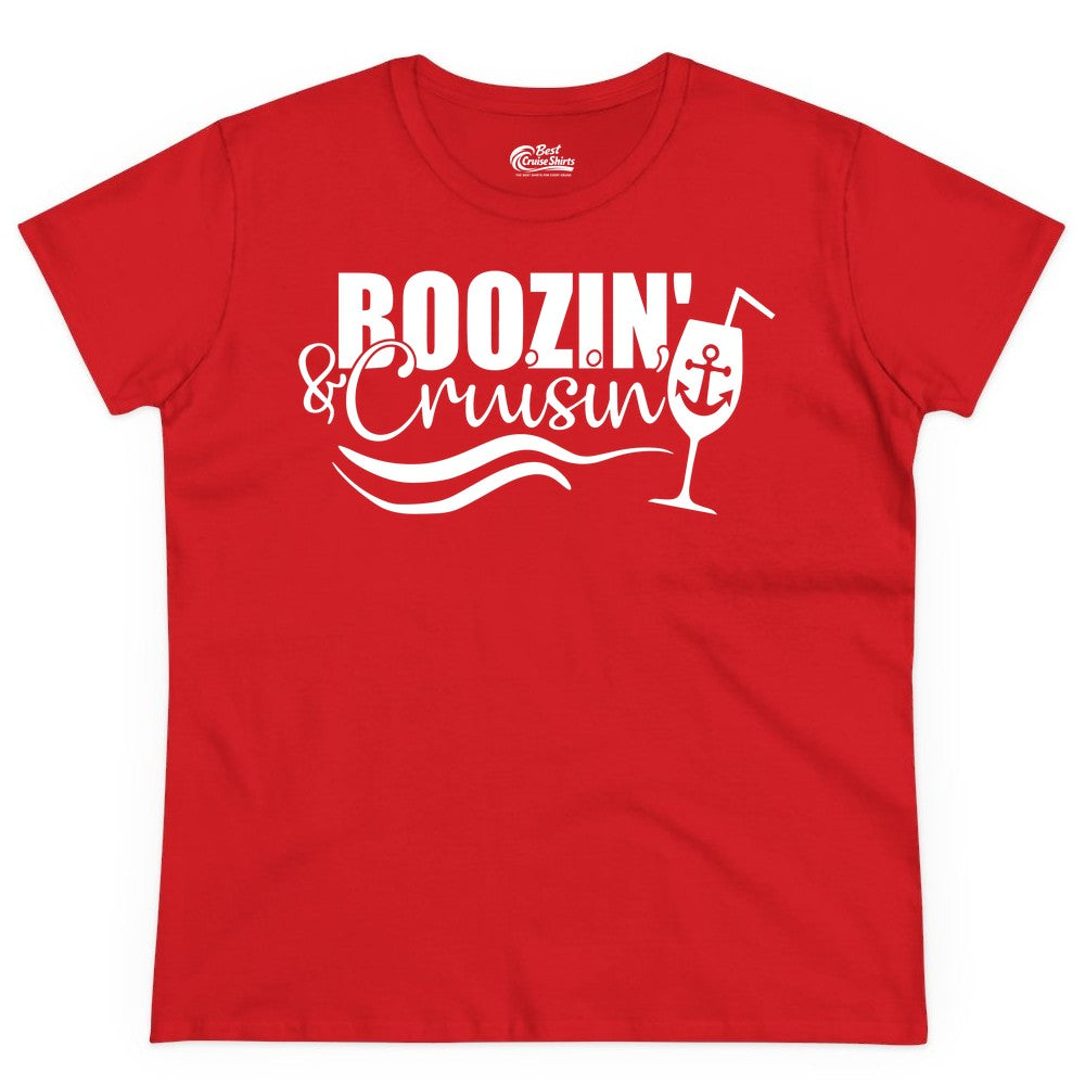 Boozin and Cruisin Shirt - Funny Cruise Drinking Shirt for Adults (Ladies Tee) in Red - Boozin and Cruisin Shirt - Nautical Cruise Drinking Humor Tee Design