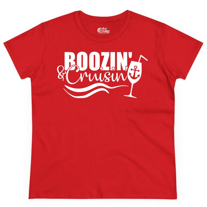 Boozin and Cruisin Shirt - Funny Cruise Drinking Shirt for Adults (Ladies Tee) in Red - Boozin and Cruisin Shirt - Nautical Cruise Drinking Humor Tee Design