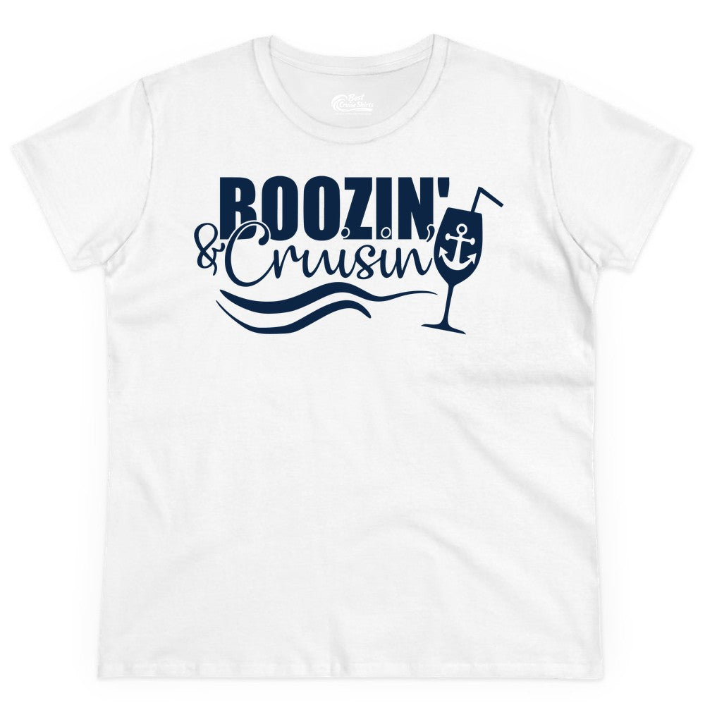 Boozin and Cruisin Shirt - Funny Cruise Drinking Shirt for Adults (Ladies Tee) in White - Boozin and Cruisin Shirt - Nautical Cruise Drinking Humor Tee Design