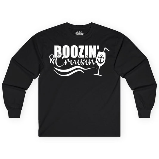 Boozin and Cruisin Shirt - Funny Cruise Drinking Shirt for Adults (Long Sleeve) in Black - Boozin and Cruisin Shirt - Nautical Cruise Drinking Humor Tee Design