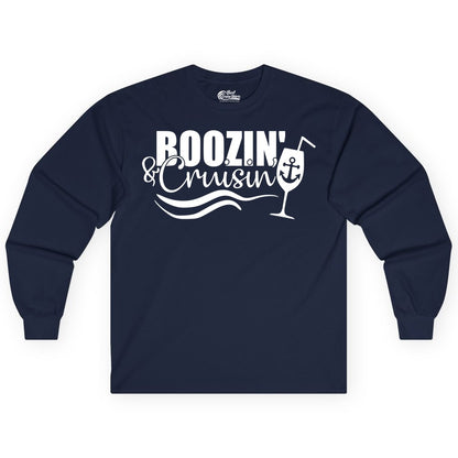 Boozin and Cruisin Shirt - Funny Cruise Drinking Shirt for Adults (Long Sleeve) in Navy - Boozin and Cruisin Shirt - Nautical Cruise Drinking Humor Tee Design