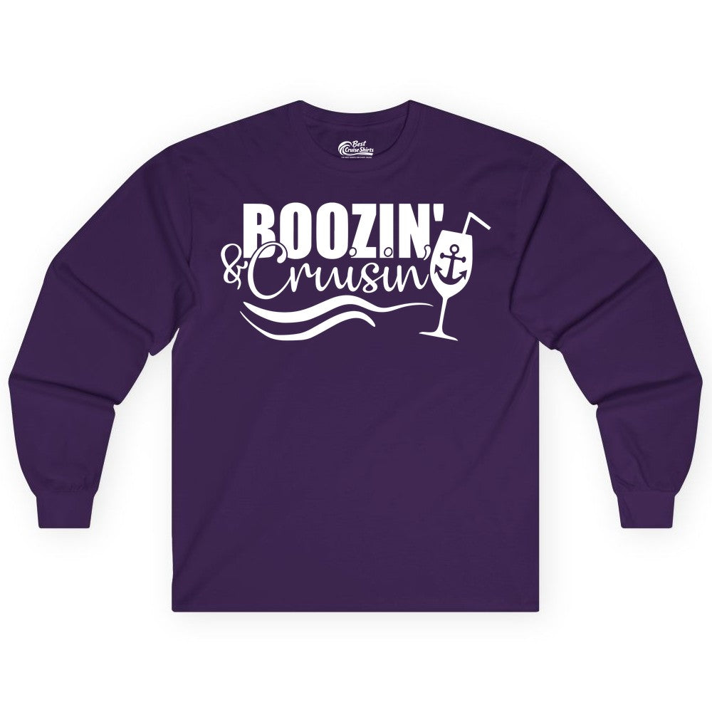 Boozin and Cruisin Shirt - Funny Cruise Drinking Shirt for Adults (Long Sleeve) in Purple - Boozin and Cruisin Shirt - Nautical Cruise Drinking Humor Tee Design